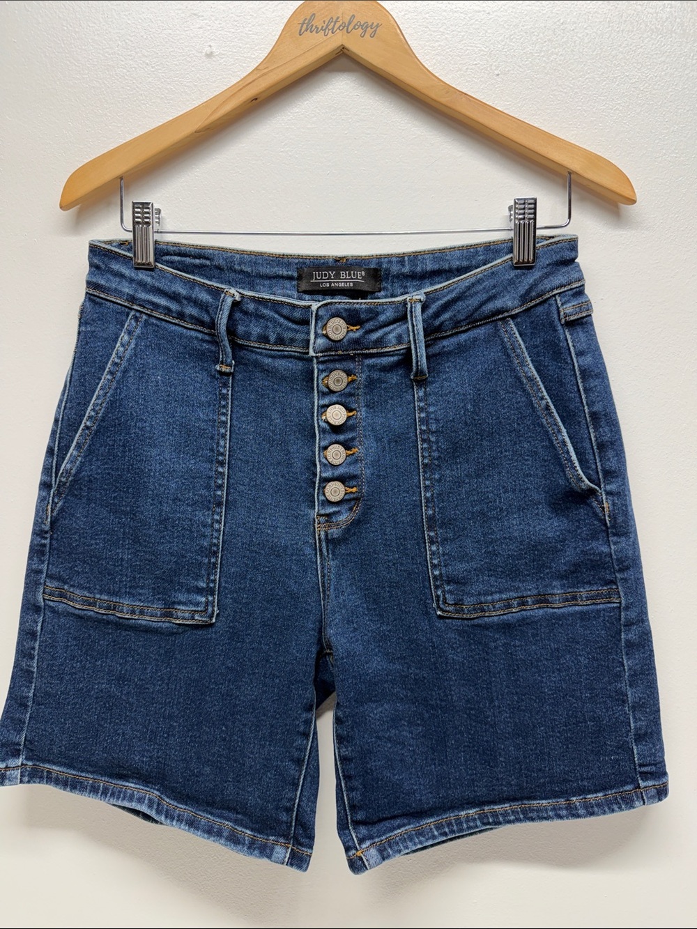 Judy Blue Shorts High Waist Utility Mid Length Denim Button Fly Blue Size Large